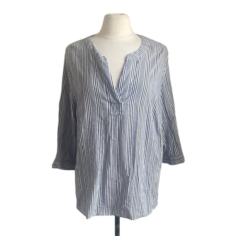 SAINT TROPEZ WEST Linen Top Womens Sz 1X Blue Striped Pullover